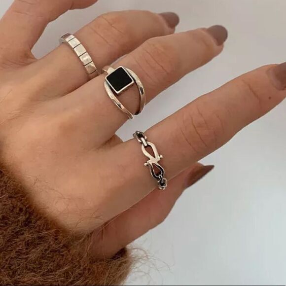 #23 Two Ring Set NEW 925 Sterling Silver Black Onyx Ring & Sterling Link Ring - Picture 4 of 10